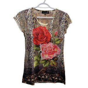 Laura Petites Beaded Floral Graphic On Animal Print Round Neck SS Top Size P‌